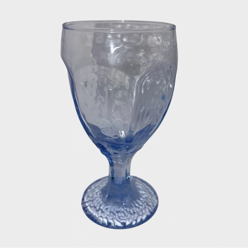 Set of 9 Blue Textured Glass Goblets | Vintage Style Stemmed Wine Water Glasses